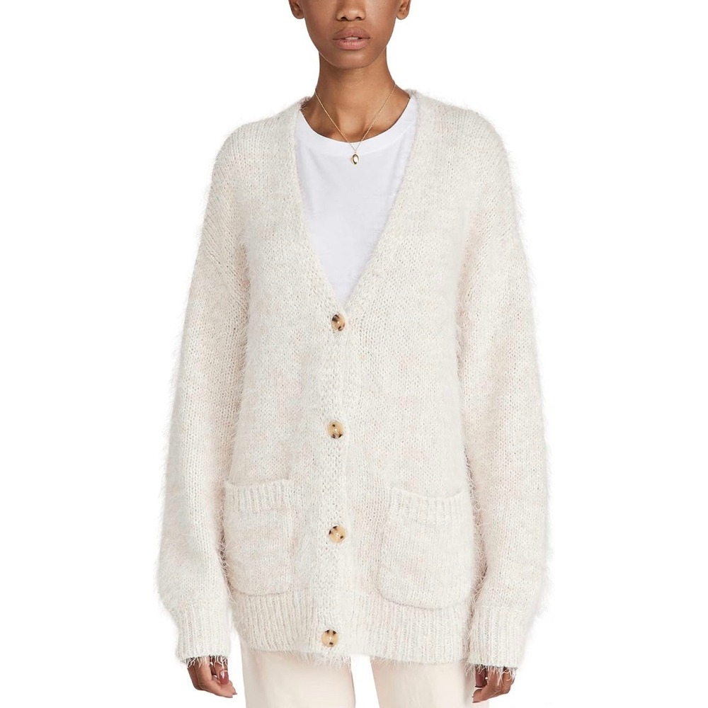 FREE PEOPLE Nevermind Cardi Women XL Cream Eyelash Knit Oversized Button Up